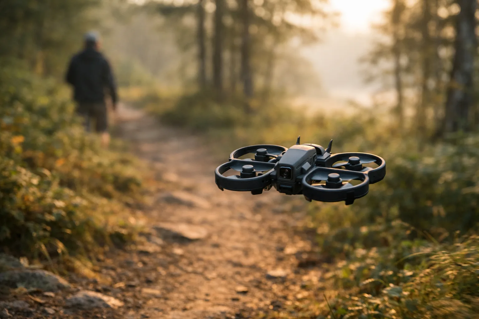 FPV-drönare som flyger lågt över en skogsstig.