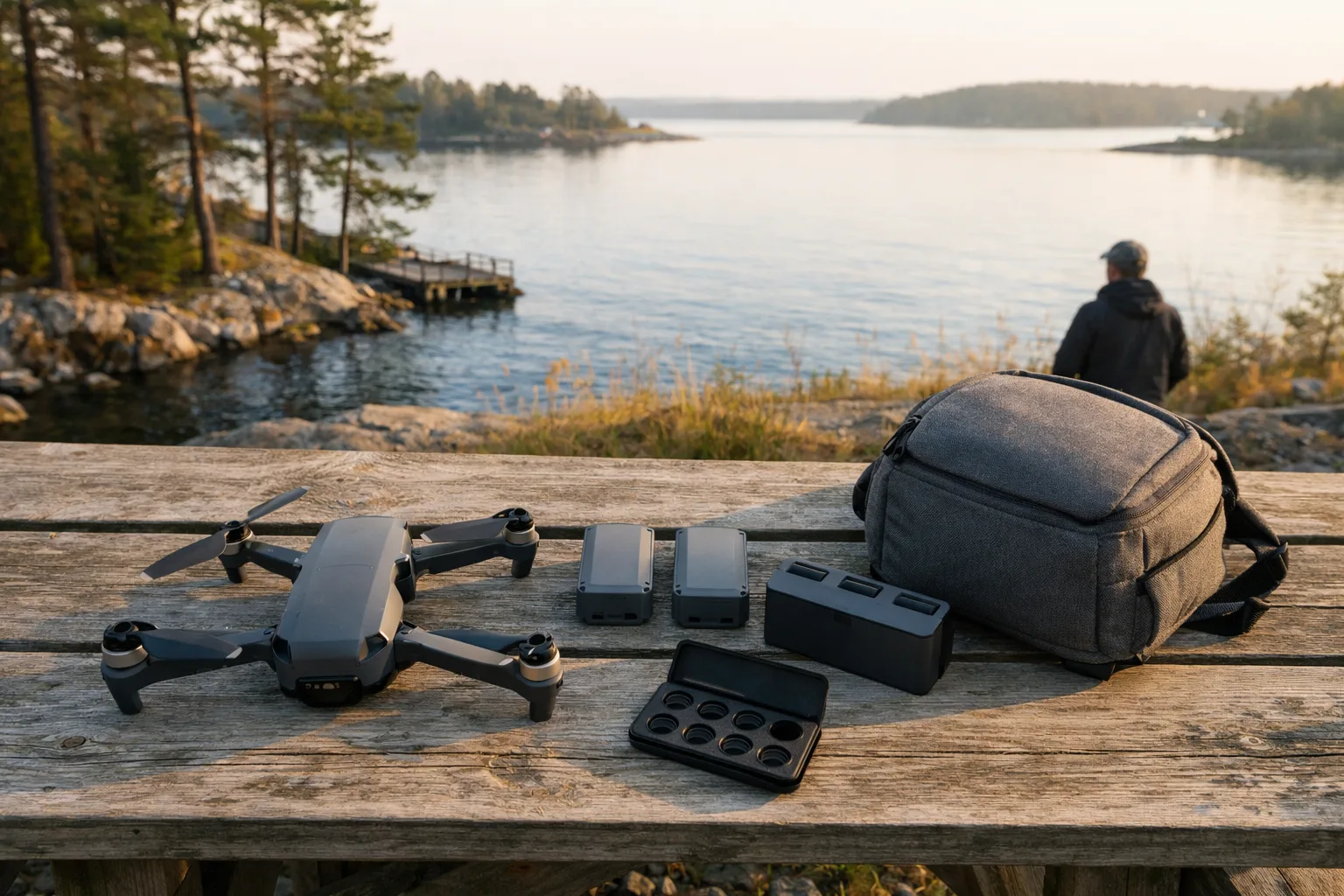 Drönare med reservbatterier och tillbehör på ett bord.