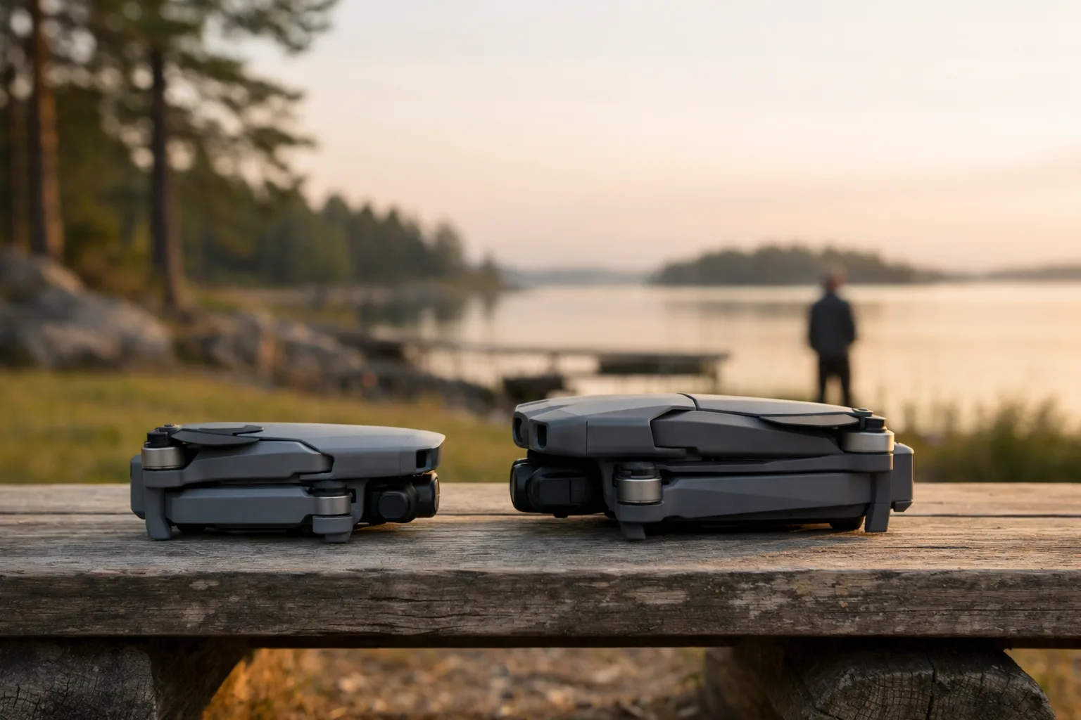 Två drönare sida vid sida på en trästrand.